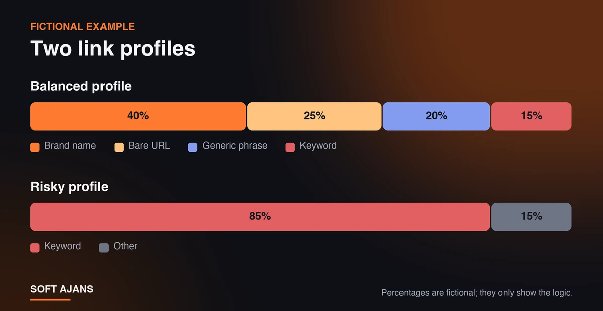 Anchor text mix: in a balanced profile brand name, bare URL and generic phrases dominate; in a risky profile almost every link uses the same keyword