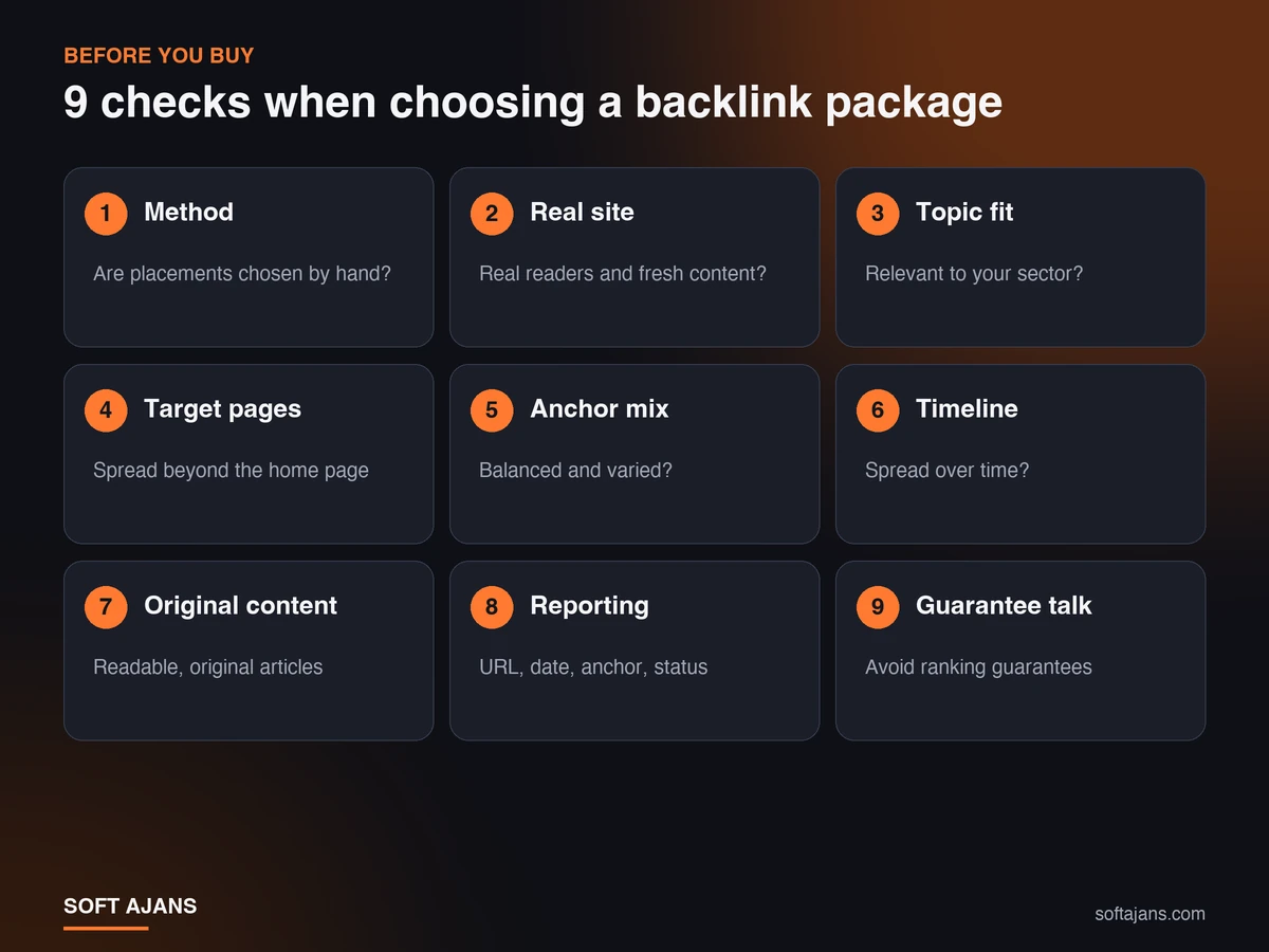 9 checks when choosing a backlink package: method, real site, topic fit, target pages, anchor mix, timeline, original content, reporting and guarantee talk