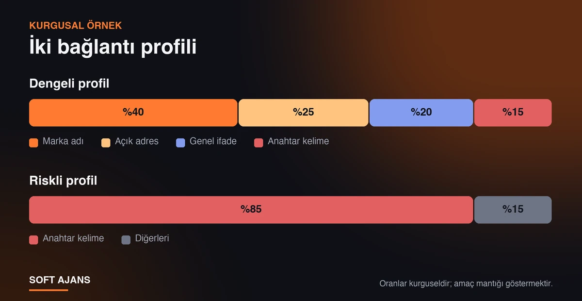 Anchor text dağılımı: dengeli bir profilde marka, adres ve genel ifadeler ağırlıktadır; riskli bir profilde neredeyse tüm bağlantılar aynı anahtar kelimeyle verilir