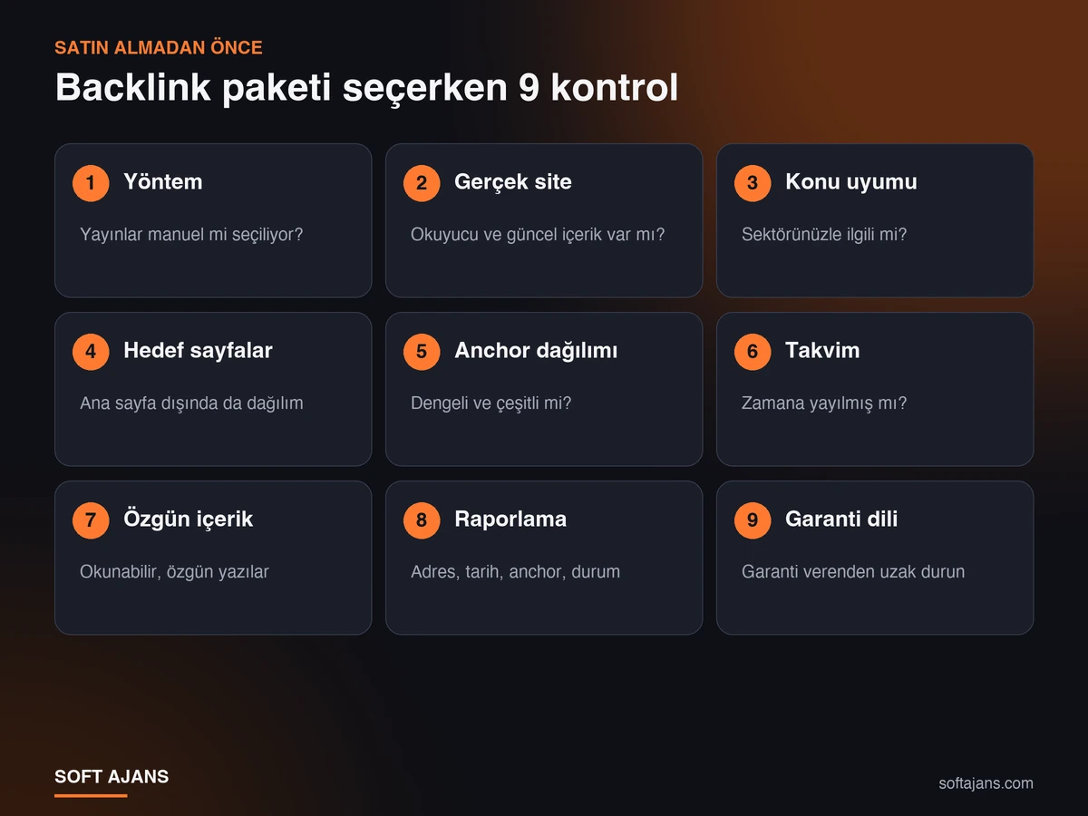 Backlink paketi seçerken 9 kontrol: yöntem, gerçek site, konu uyumu, hedef sayfalar, anchor dağılımı, takvim, özgün içerik, raporlama ve garanti dili