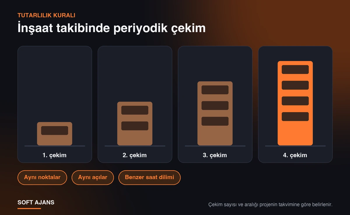 İnşaat takibinde periyodik çekim: aynı noktalar, aynı açılar ve aynı saat diliminden tekrarlanan çekimlerle ilerleme karşılaştırılır