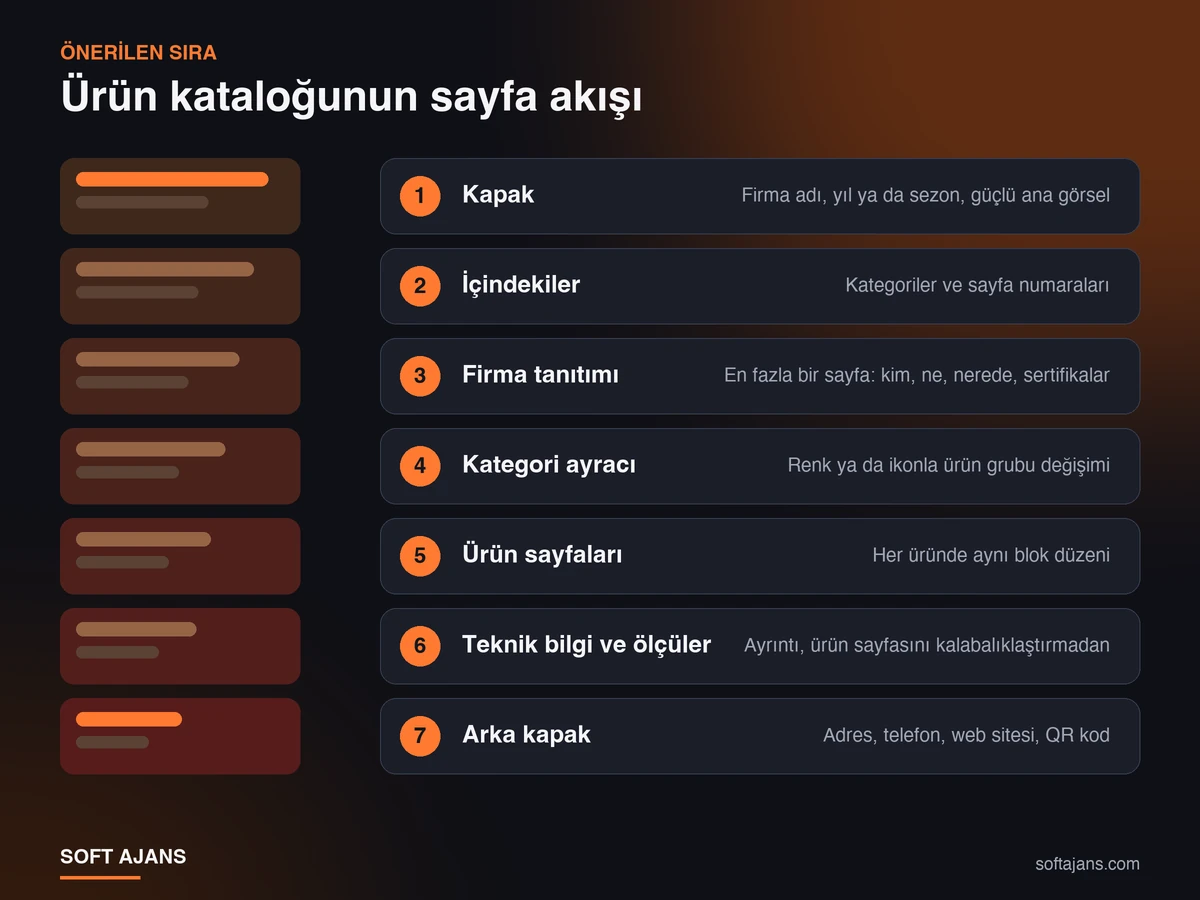 Ürün kataloğunun önerilen sayfa akışı: kapak, içindekiler, firma tanıtımı, kategori ayracı, ürün sayfaları, teknik bilgi ve iletişim